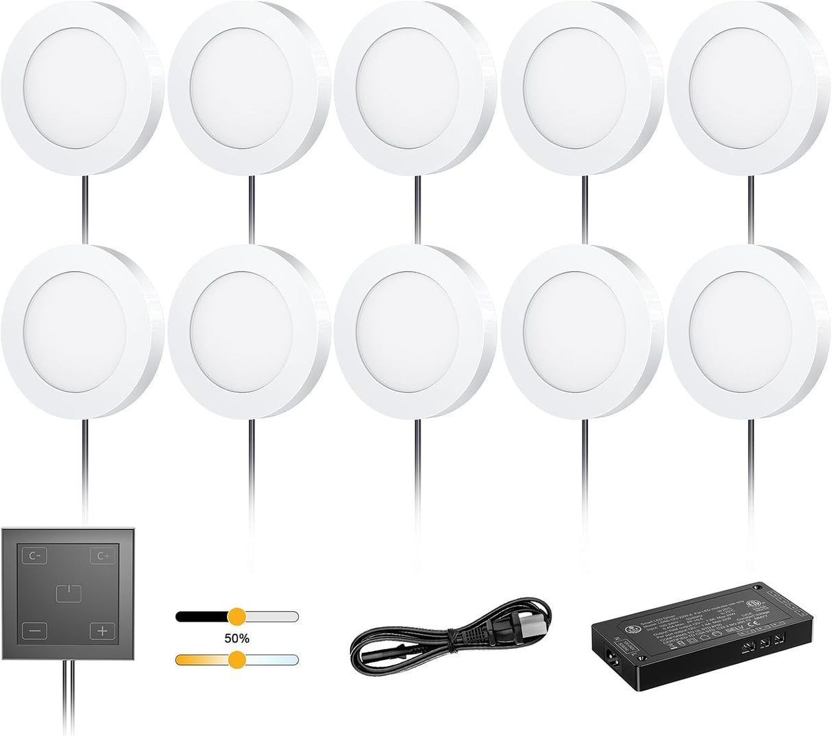 PL05 12V LED Kitchen Cupboard Puck Lights, CRI 90+ 1.8W, CCT Tunable 3000K-6000K, Wired Touch Dimmable Under Cabinet Lighting - 10 Pack