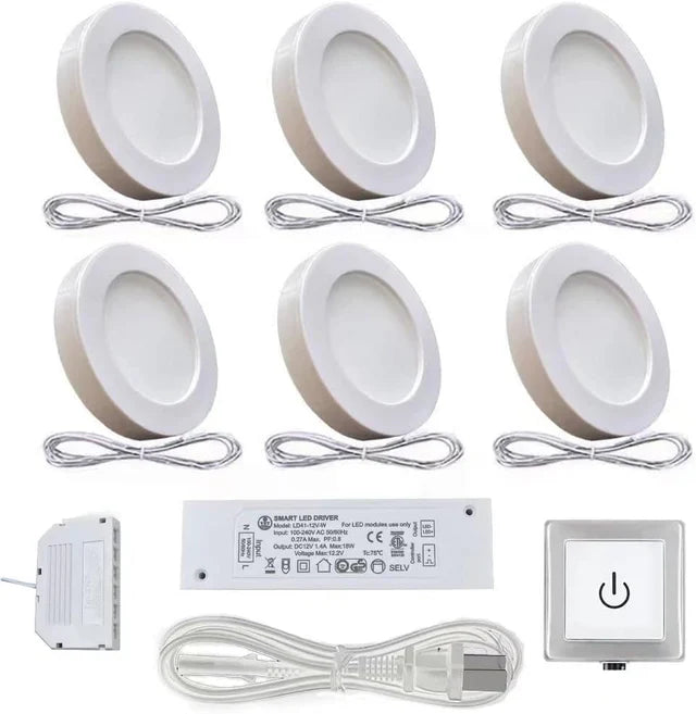 PL05 Under Cabinet Lighting Plug in 12V 1.8W Mini Panel Lights with a Wired Sensor Switch,6 Pack Puck Lights Fixtures ETL Listed