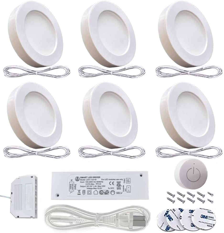 VST Under Cabinet Puck Lighting kit with Wireless Dimmer Switch, Recessed or Surface Mount for Kitchen, Cabinet, Closet 6 Pack White