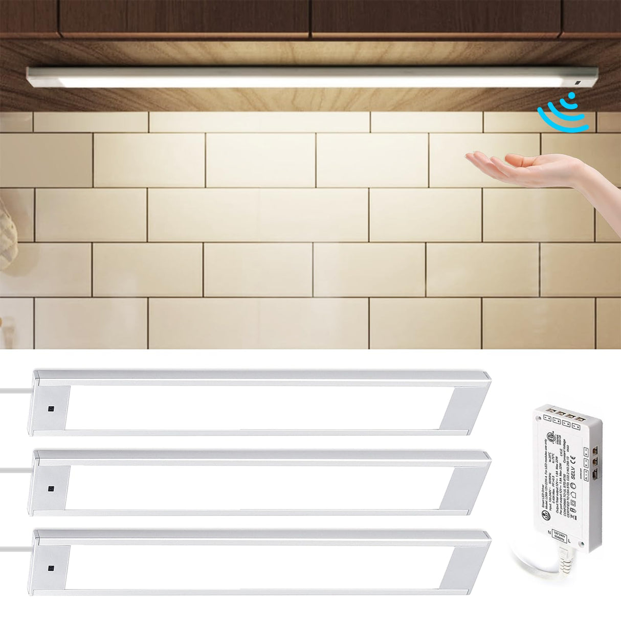 HS46 Motion Sensor Light Indoor, Under Cabinet Lights Plug in, Closet Lights, Stepless Dimming, Hand Wave Activated for Kitchen Shelf Cupboard Closet Workbench (12 in 4000K)