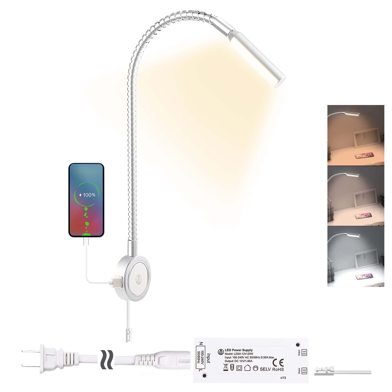 RL18 12V LED Reading Light, 14.1W with Adjustable CCT 2700K–6500K Wall Mounted Book Light with USB Charging Port for Bedrooms, Hotels