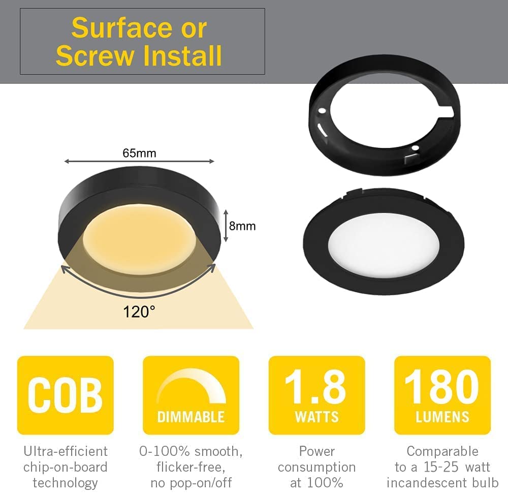 PL05 Under Cabinet Lighting Plug in 12V 1.8W Mini Panel Lights with Touch Dimmer Sensor Dimmer, 3000K/4000K 6Pack Puck Lights Fixtures ETL Listed