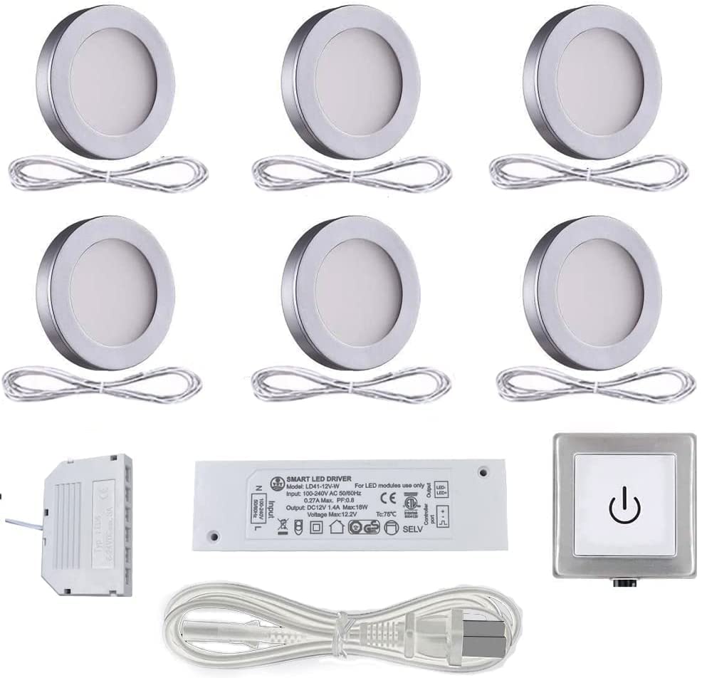 PL05 Under Cabinet Lighting Plug in with Wired Touch Dimmer Switch,6 Pack Black Puck Lights Fixtures ETL Listed