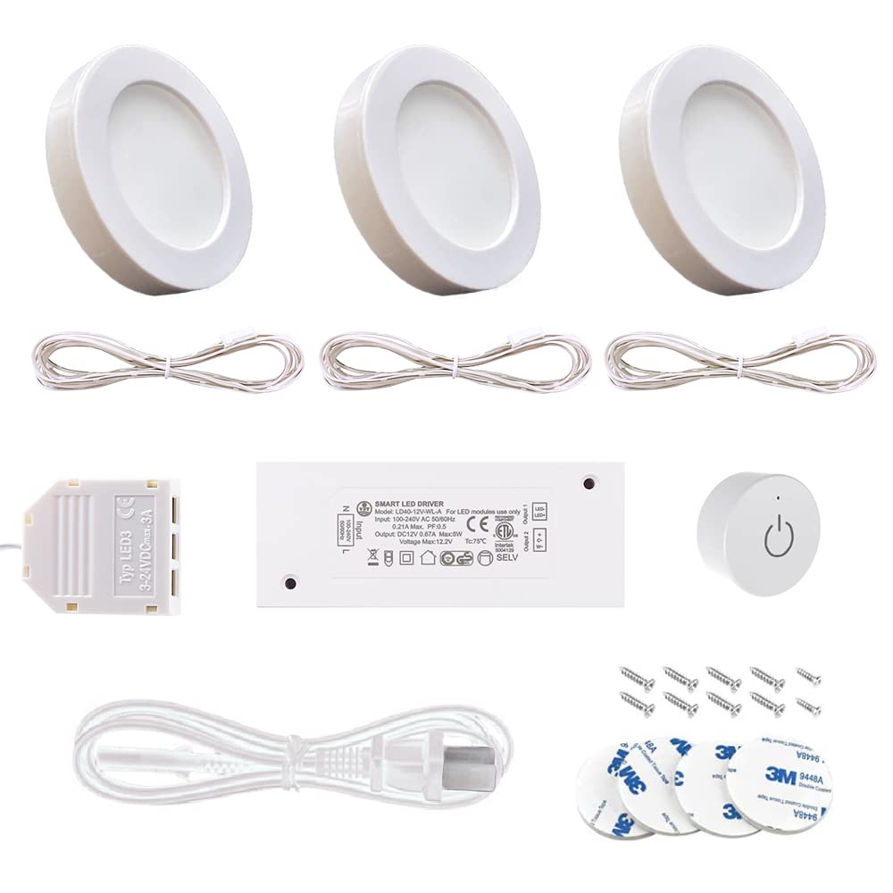 Illuminate your cabinets with our Under Counter Puck Lights ETL Listed, High Quality  12V 2W/pc Wiring Puck Light with Wireless Dimmer Switch for Kitchen,Wardrobe, Showcase Display 3 Pack White 4000K. It features a delicate appearance and soft, uniform light without bright spots. With multiple control options and easy installation, our ETL-certified lighting fixtures come with a 2-year warranty.