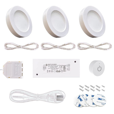 Illuminate your cabinets with our Under Counter Puck Lights ETL Listed, High Quality  12V 2W/pc Wiring Puck Light with Wireless Dimmer Switch for Kitchen,Wardrobe, Showcase Display 3 Pack White 4000K. It features a delicate appearance and soft, uniform light without bright spots. With multiple control options and easy installation, our ETL-certified lighting fixtures come with a 2-year warranty.