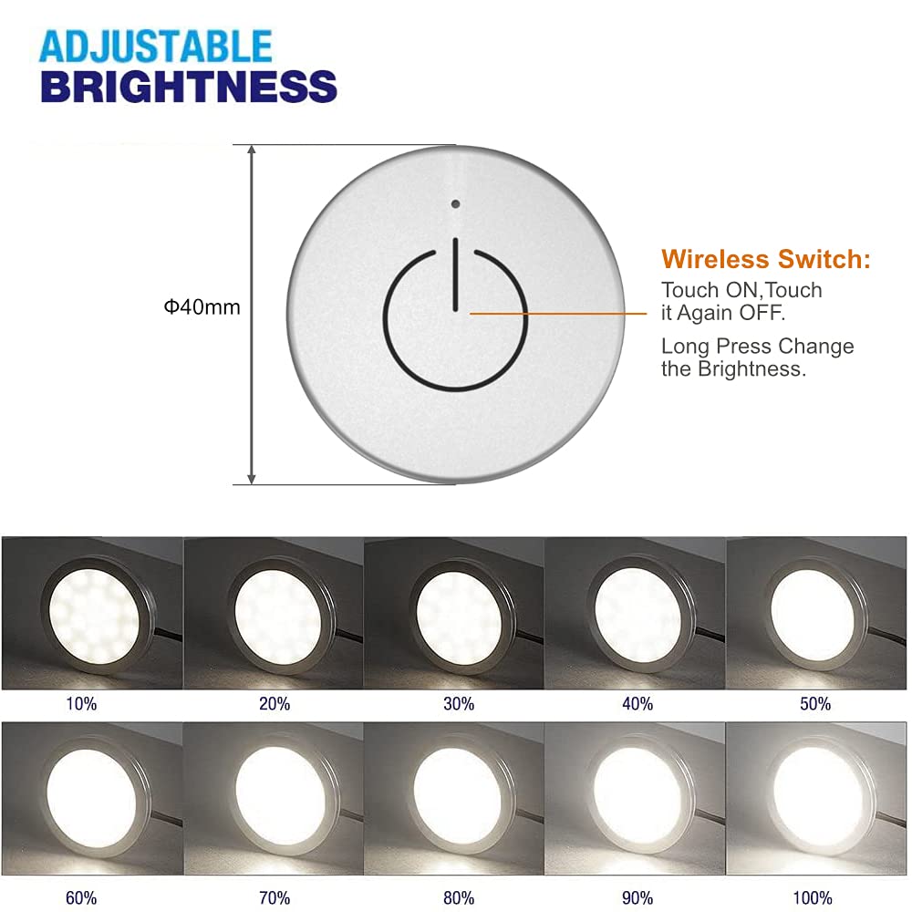 Illuminate your cabinets with our Under Counter Puck Lights ETL Listed, High Quality  12V 2W/pc Wiring Puck Light with Wireless Dimmer Switch for Kitchen,Wardrobe, Showcase Display 3 Pack White 4000K. It features a delicate appearance and soft, uniform light without bright spots. With multiple control options and easy installation, our ETL-certified lighting fixtures come with a 2-year warranty.