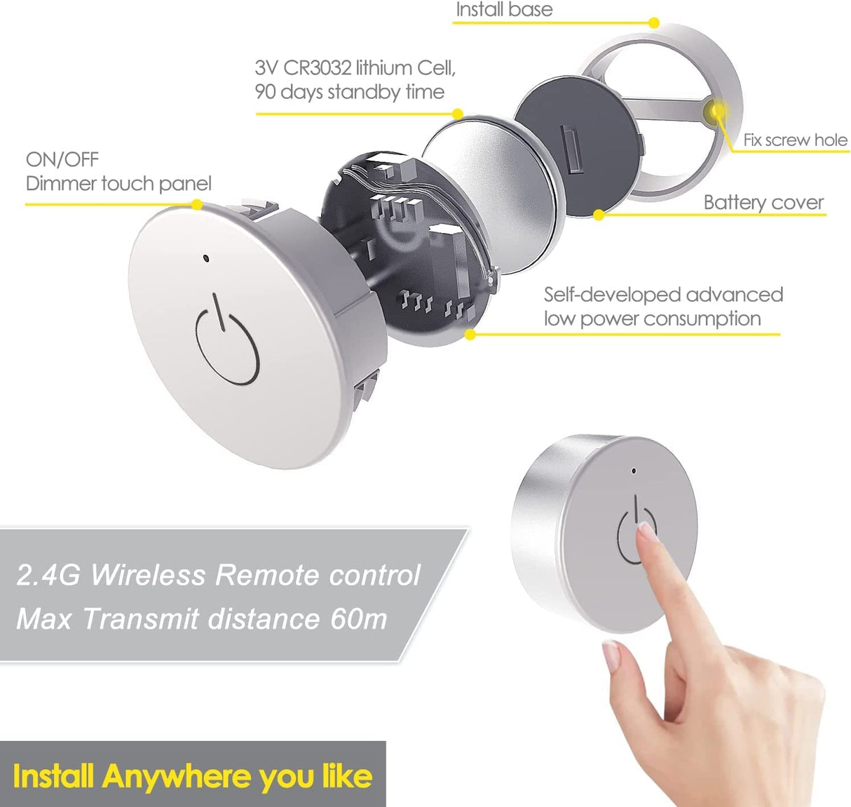 Illuminate your cabinets with our Under Counter Puck Lights ETL Listed, High Quality  12V 2W/pc Wiring Puck Light with Wireless Dimmer Switch for Kitchen,Wardrobe, Showcase Display 3 Pack White 4000K. It features a delicate appearance and soft, uniform light without bright spots. With multiple control options and easy installation, our ETL-certified lighting fixtures come with a 2-year warranty.