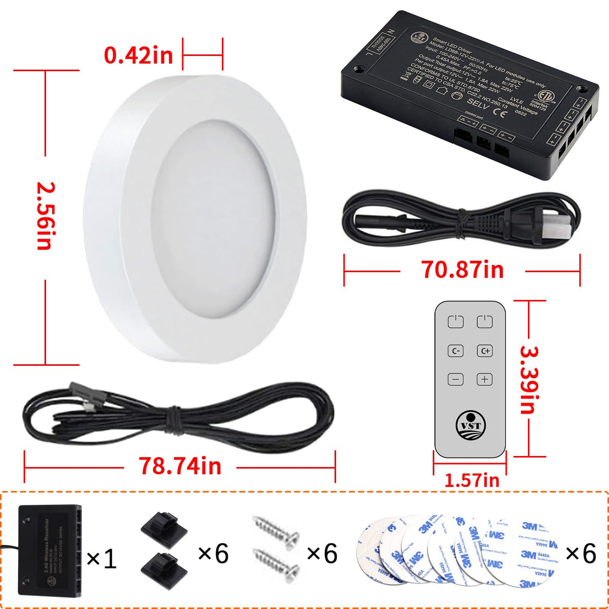 PL05 Under Cabinet Lights CCT 3000K-6500K, LED Puck Light with TS24 Touch Remote Dimmer and ETL-Listed Led Driver for Drawer Wardrobe Kitchen