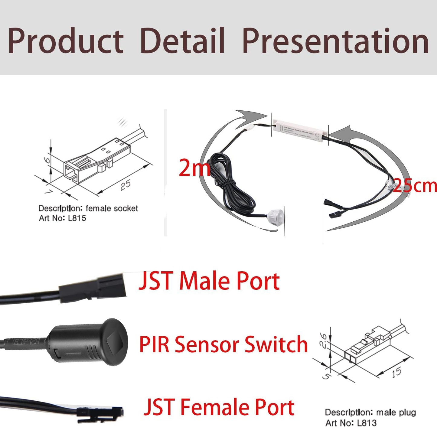 PR11 12V Motion Sensor Light Switch, IR Sensor Switch, Led Light Automatic Door Switch for Closet Light Under Cabinets Counters Wardrobes with JST Male and Female