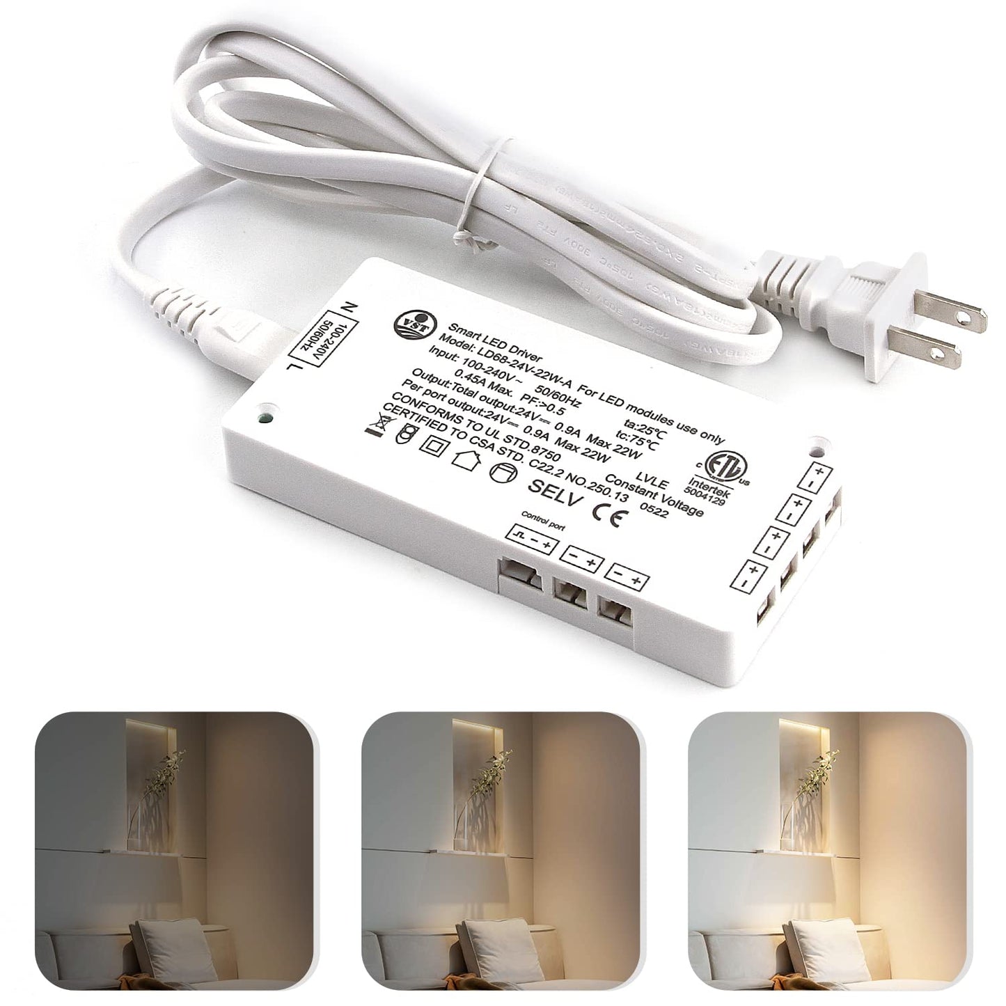 24V White LED Driver Dimmable,with 5.9ft Removable AC Cord & JST connecter Port,White