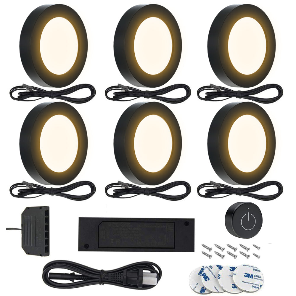 VST PL05 Under Cabinet Puck Lighting Kit with Wireless Dimmer Switch, Recessed or Surface Mount for Kitchen, Cabinet, Closet 6 Pack Black