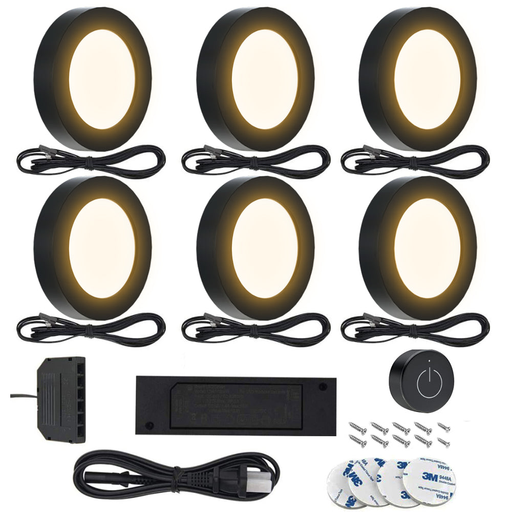 VST Under Cabinet Puck Lighting Kit with Wireless Dimmer Switch, Recessed or Surface Mount for Kitchen, Cabinet, Closet 6 Pack Black